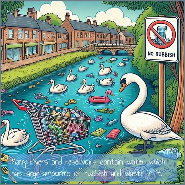 Image to show a pollutred river containing plastic waste and other rubbish including a shopping trolley which has been dumped in the river